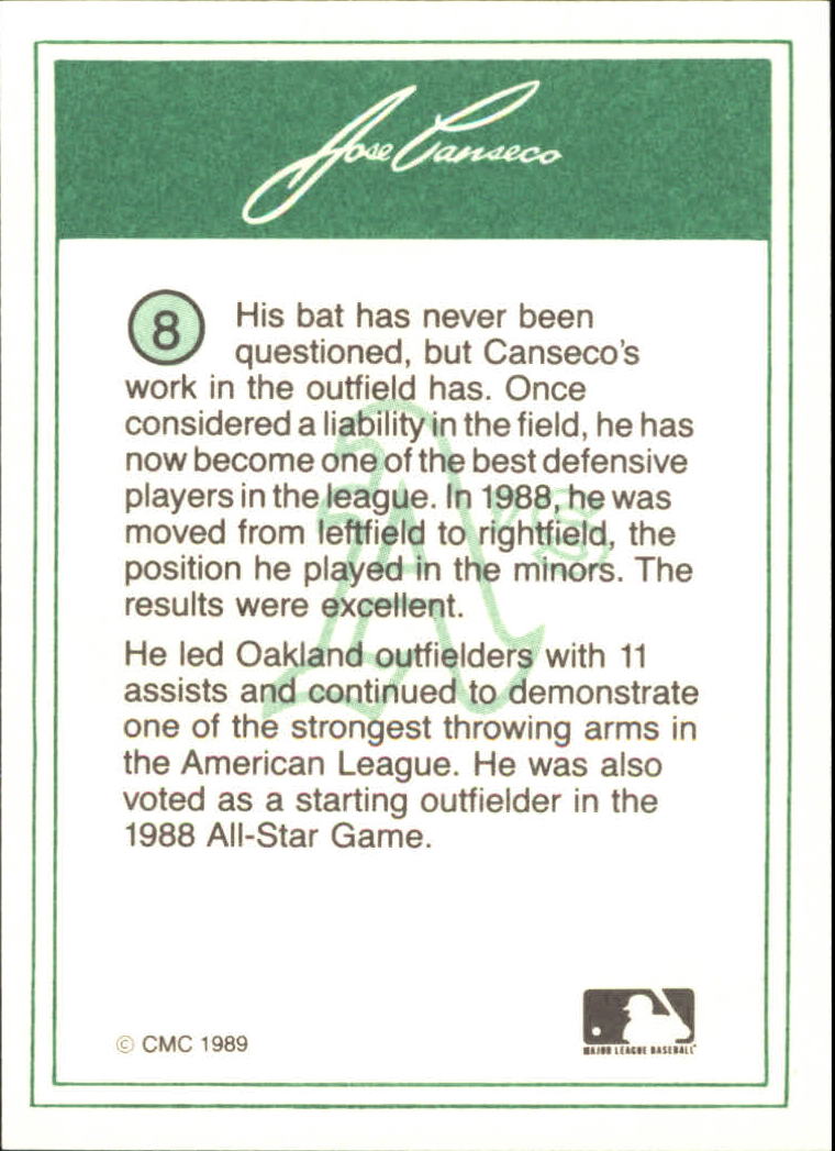1989 CMC Canseco #8 Jose Canseco/Standing in outfield/with sunglasse back image