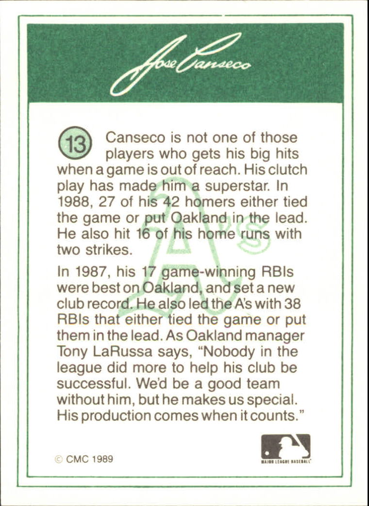 1989 CMC Canseco #12 Jose Canseco/Mark McGwire/Bashing after homer back image