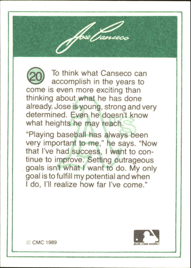 1989 CMC Canseco #20 Jose Canseco/Admiring his hit at/plate with tong back image