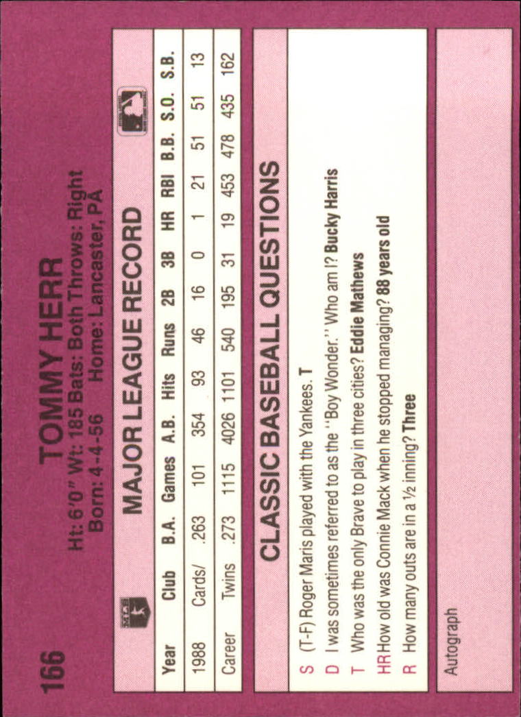 1989 Classic Travel Purple #166 Tommy Herr back image