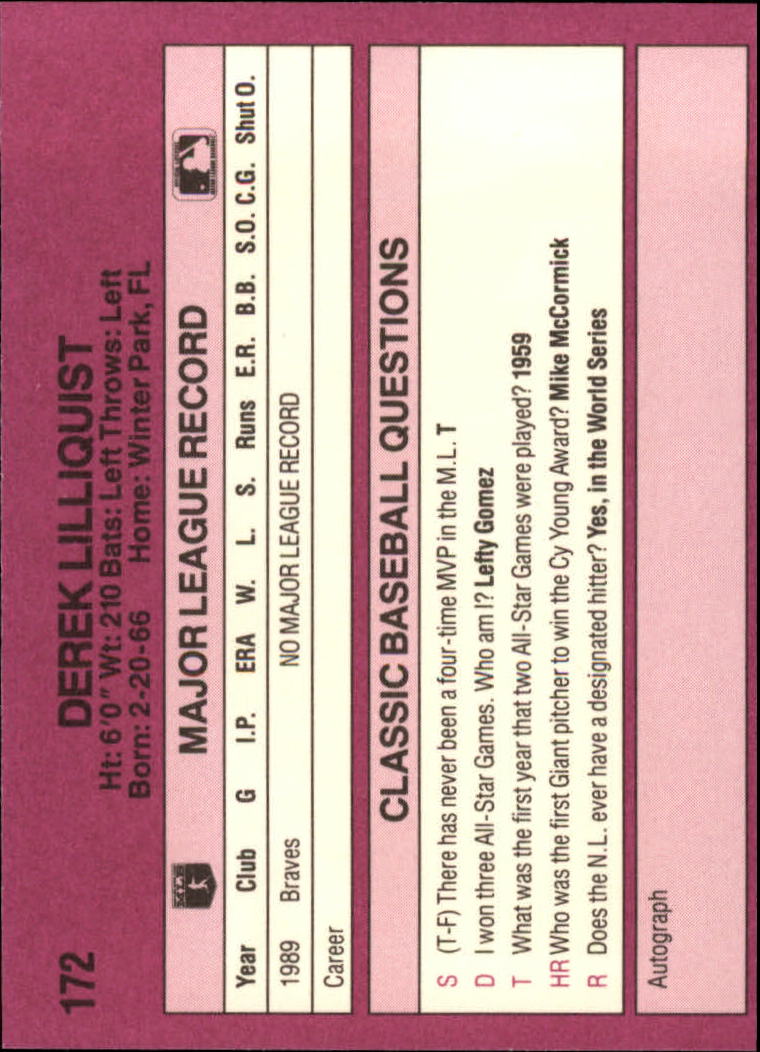 1989 Classic Travel Purple #172 Derek Lilliquist back image