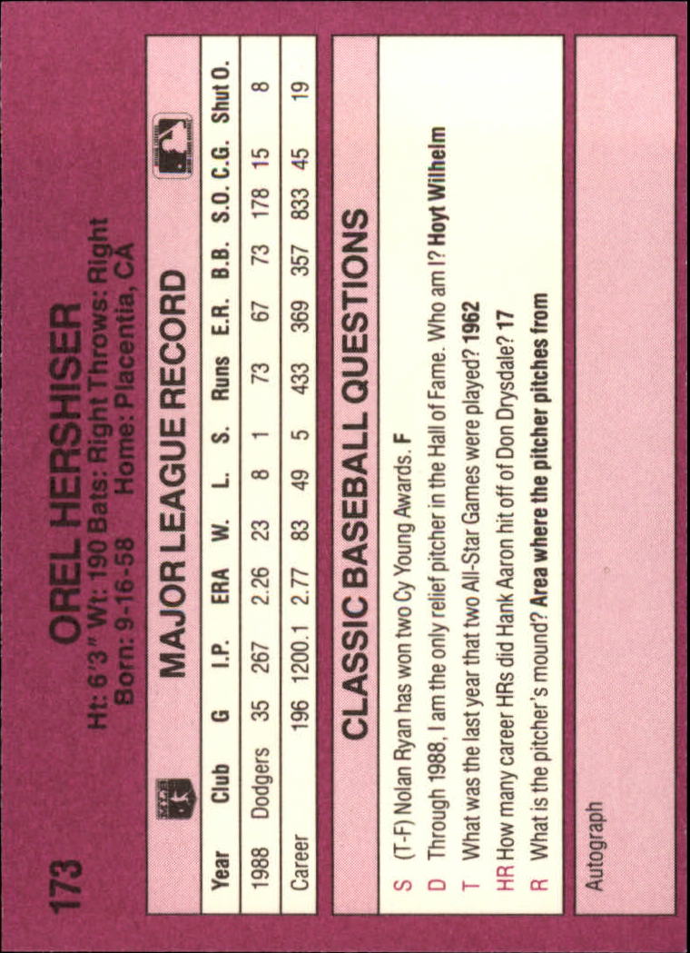 1989 Classic Travel Purple #173 Orel Hershiser back image