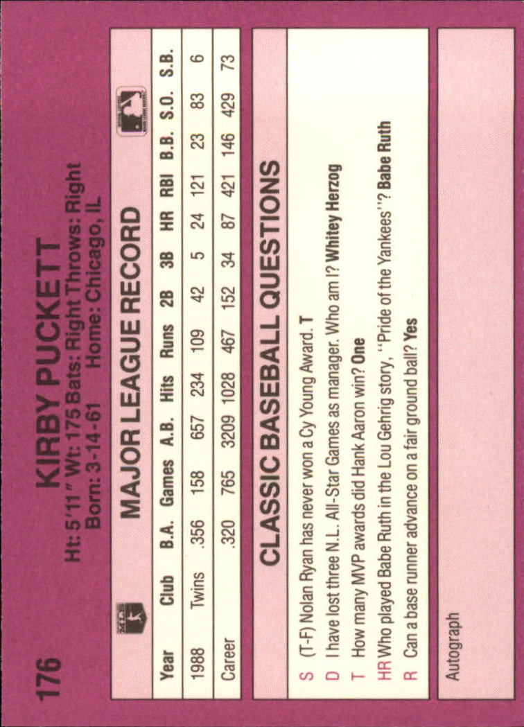 1989 Classic Travel Purple #176 Kirby Puckett back image
