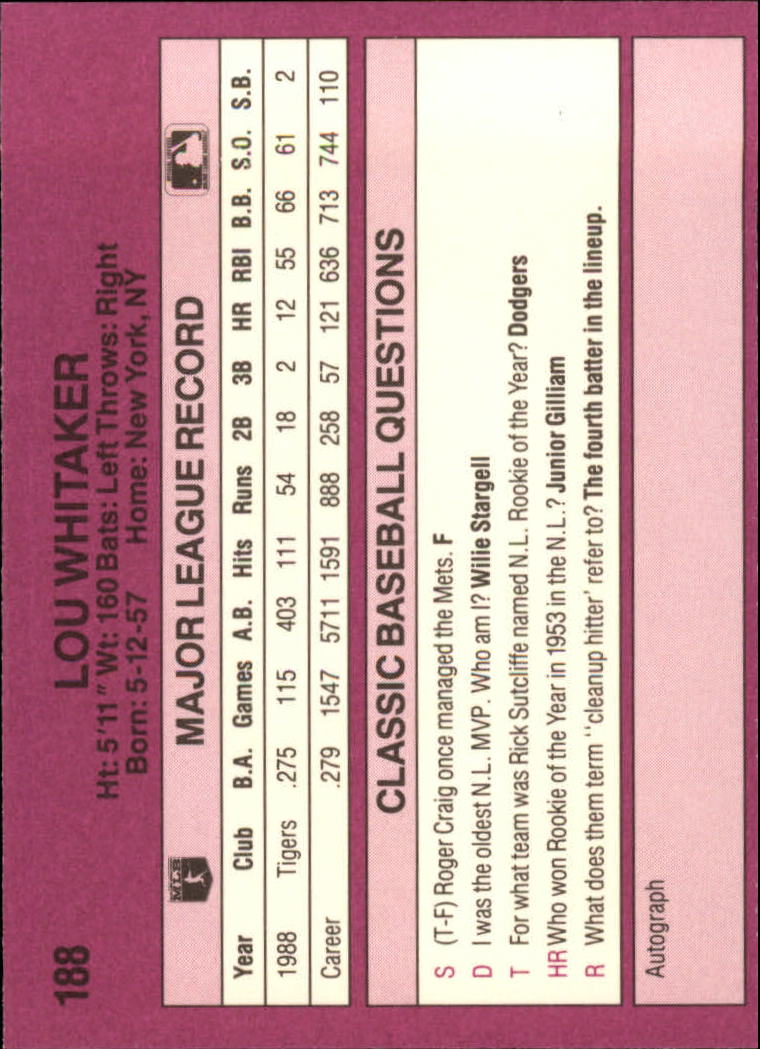 1989 Classic Travel Purple #188 Lou Whitaker back image
