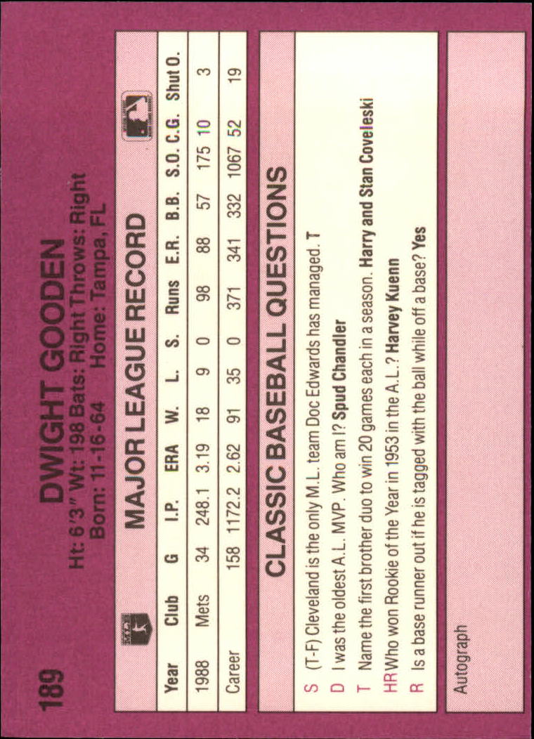 1989 Classic Travel Purple #189 Dwight Gooden back image