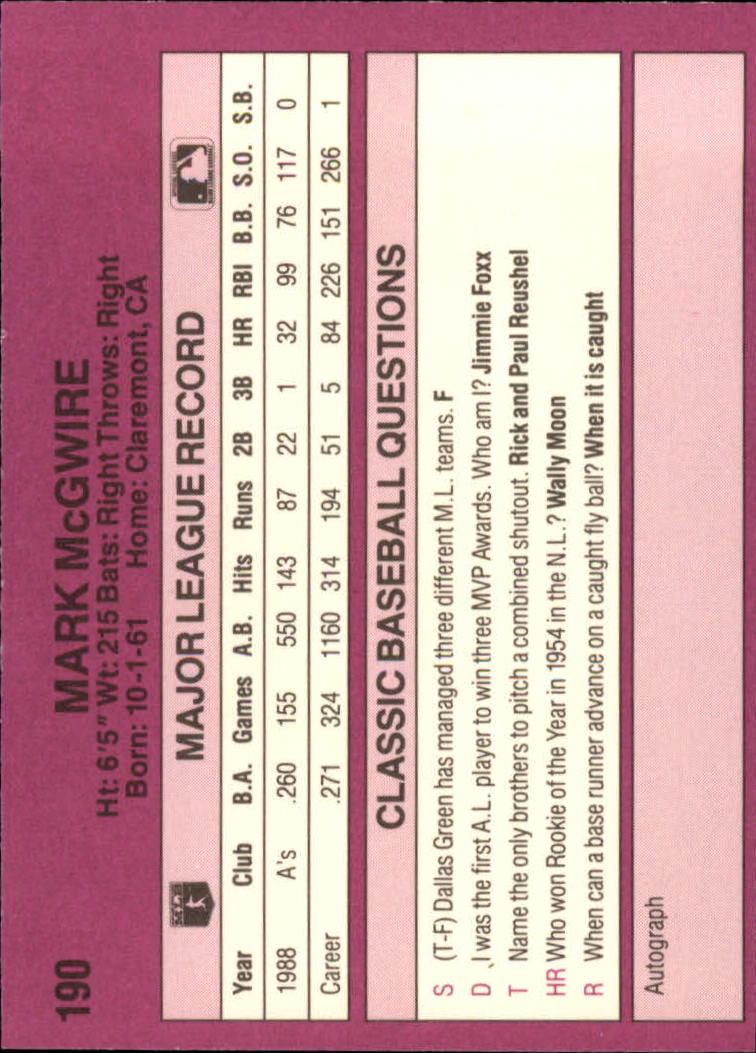 1989 Classic Travel Purple #190 Mark McGwire back image