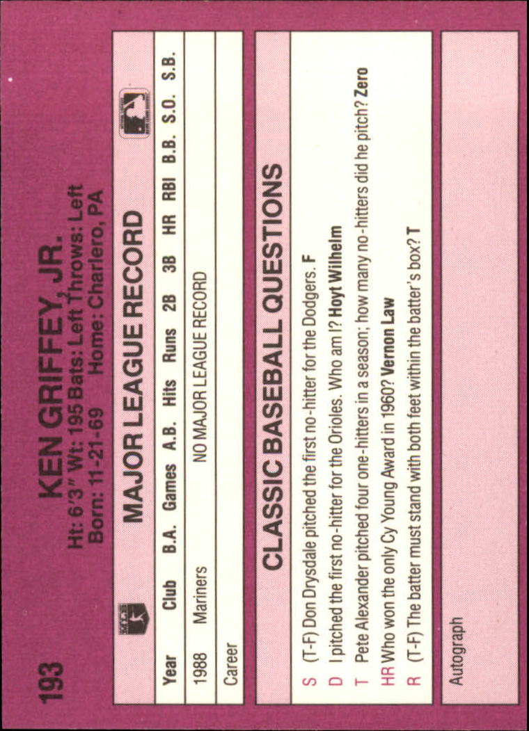 1989 Classic Travel Purple #193 Ken Griffey Jr. back image
