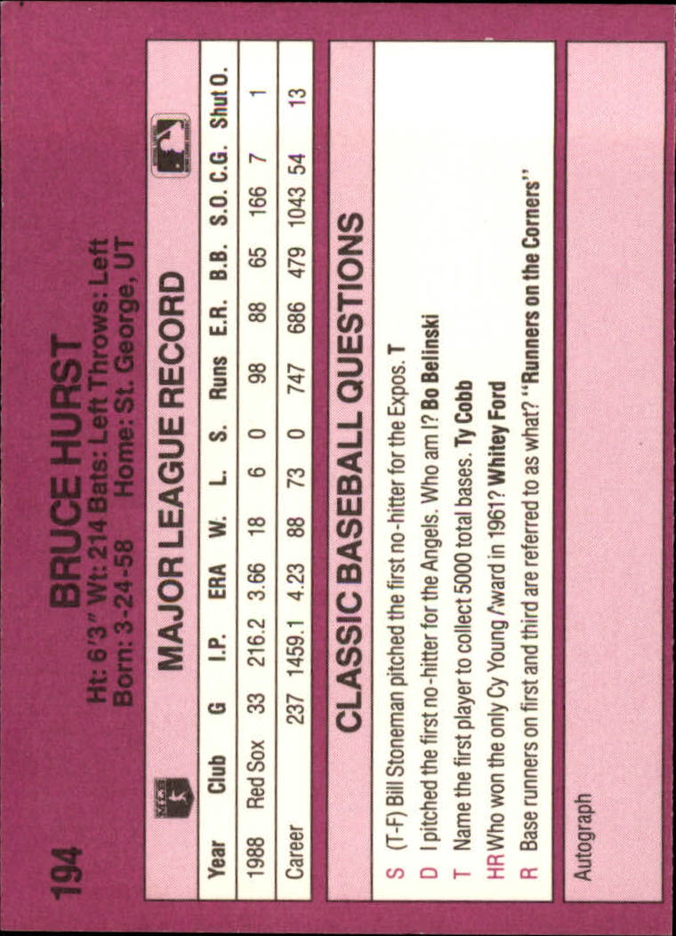 1989 Classic Travel Purple #194 Bruce Hurst back image