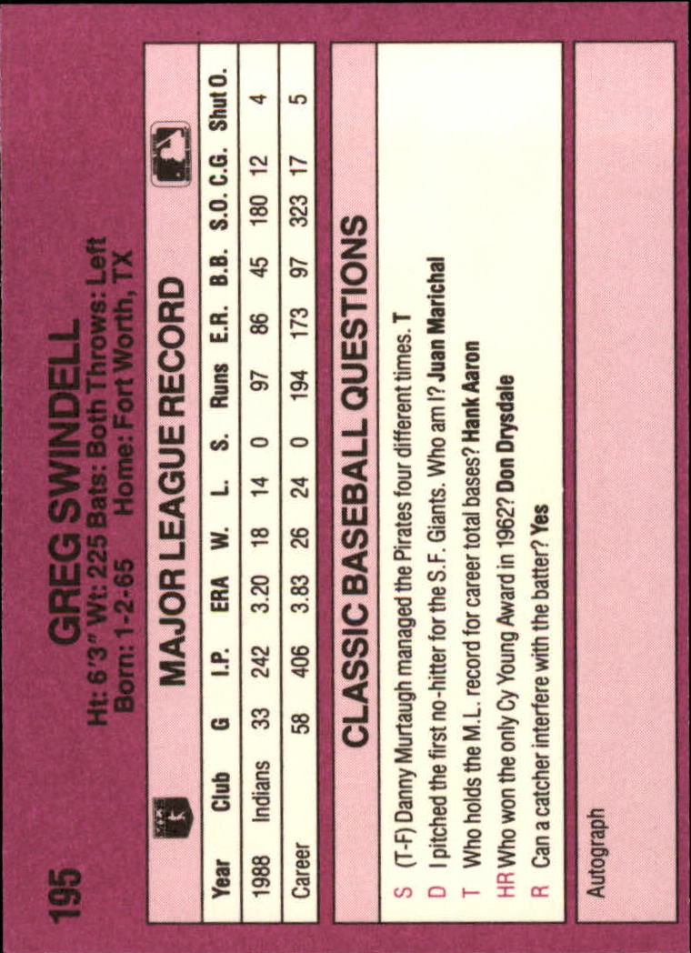 1989 Classic Travel Purple #195 Greg Swindell back image