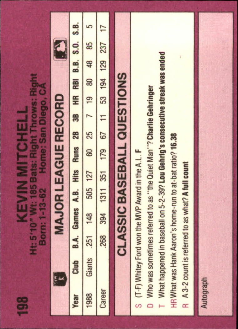 1989 Classic Travel Purple #198 Kevin Mitchell back image