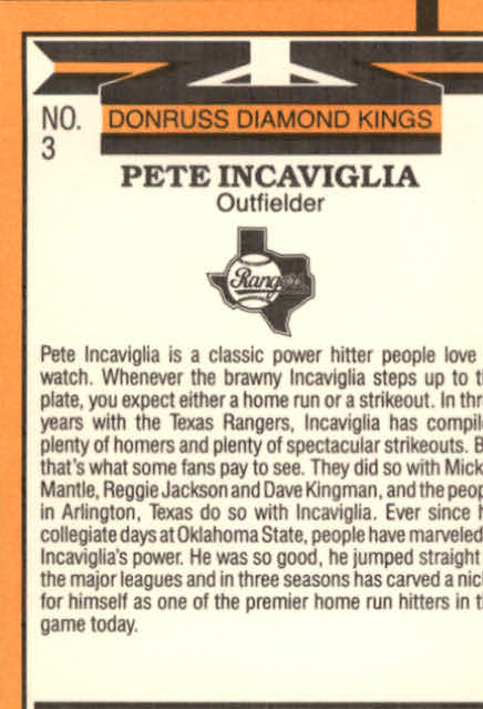 1989 Donruss #3 Pete Incaviglia DK back image