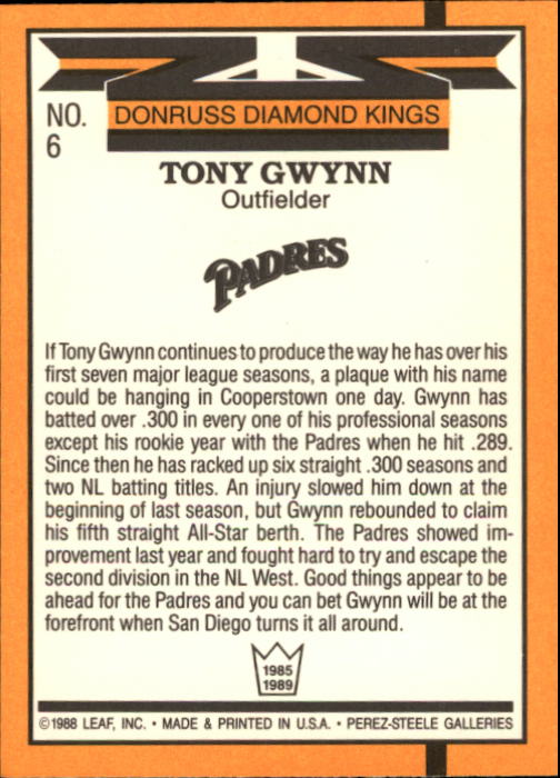 1989 Donruss #6 Tony Gwynn DK DP back image