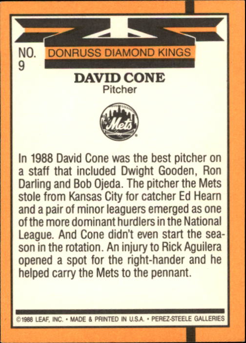 1989 Donruss #9 David Cone DK UER/'hurdlers' back image