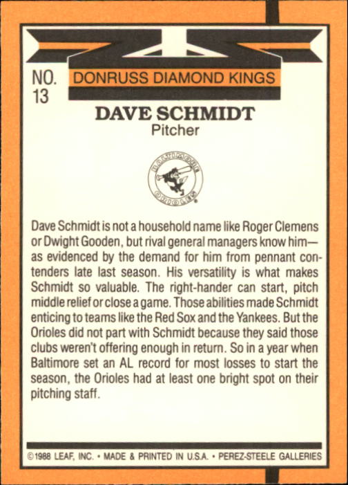 1989 Donruss #13 Dave Schmidt DK back image