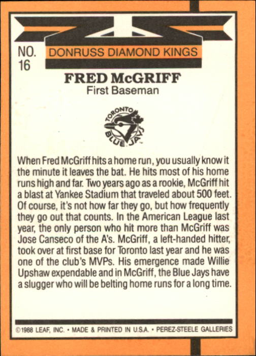 1989 Donruss #16 Fred McGriff DK back image