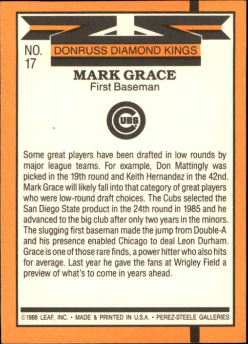 1989 Donruss #17 Mark Grace DK back image