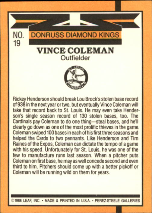 1989 Donruss #19 Vince Coleman DK DP back image