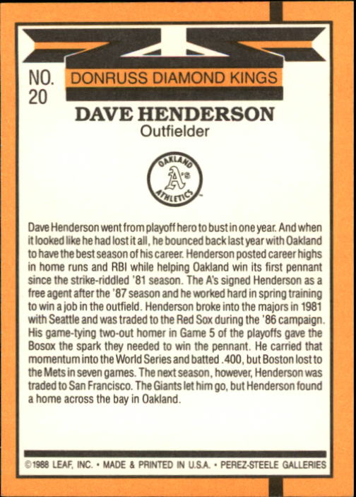 1989 Donruss #20 Dave Henderson DK back image