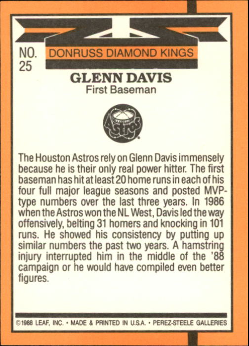 1989 Donruss #25 Glenn Davis DK back image