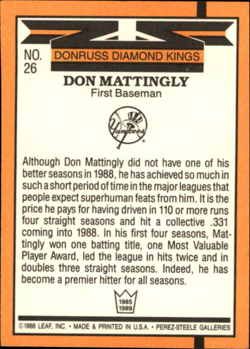 1989 Donruss #26 Don Mattingly DK UER/Doesn't mention Don's/previous DK in 1985 back image