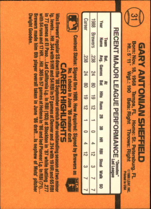 1989 Donruss #31 Gary Sheffield RR RC back image