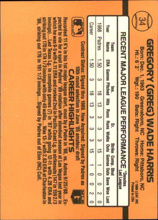 1989 Donruss #34 Greg W. Harris RR RC back image