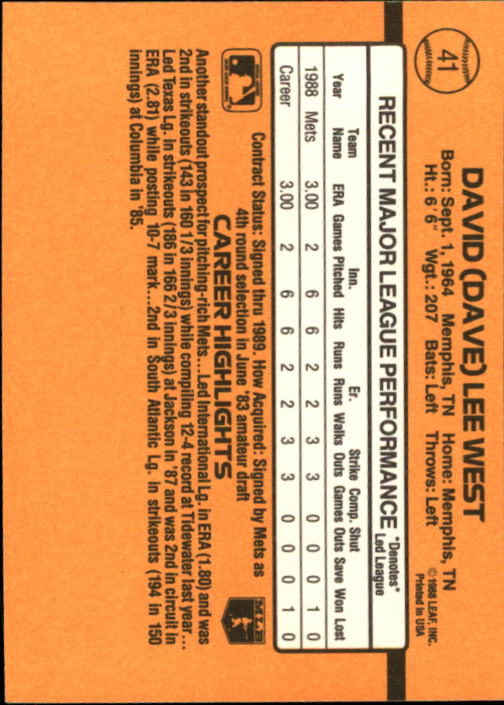 1989 Donruss #41 Dave West RR RC back image