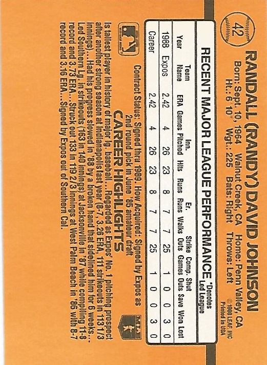 1989 Donruss #42 R.Johnson RC RR UER/Card says born in 1964/he was born in 1963 back image