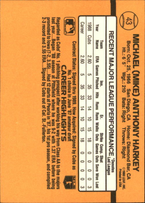 1989 Donruss #43 Mike Harkey RR RC back image