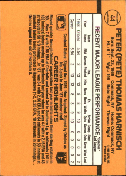 1989 Donruss #44 Pete Harnisch RC back image