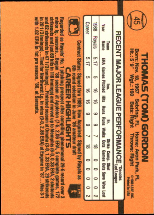 1989 Donruss #45 Tom Gordon RR DP RC back image