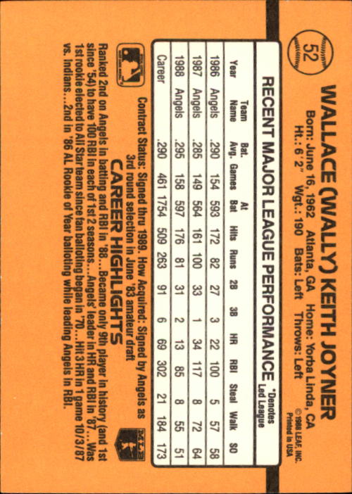 1989 Donruss #52 Wally Joyner back image