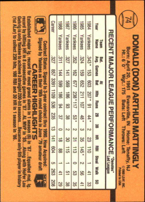 1989 Donruss #74 Don Mattingly back image