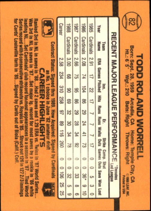 1989 Donruss #82 Todd Worrell back image