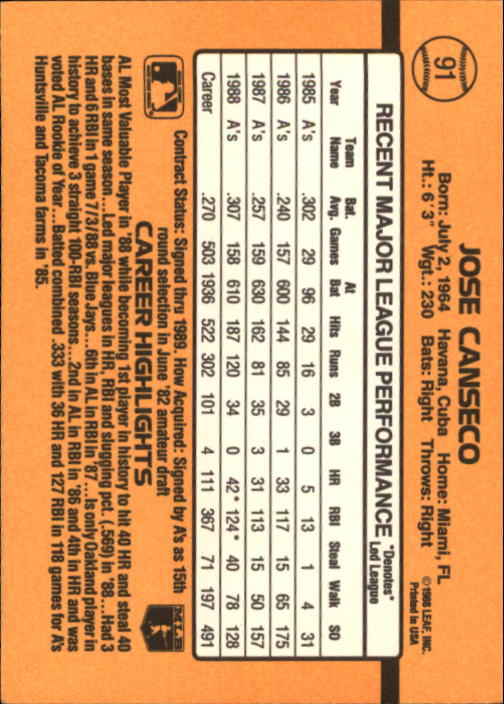 1989 Donruss #91 Jose Canseco back image