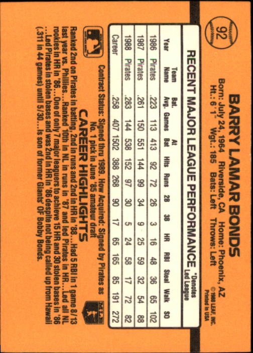 1989 Donruss #92 Barry Bonds back image