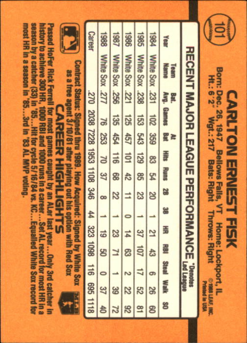 1989 Donruss #101 Carlton Fisk back image