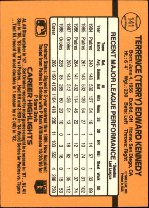 1989 Donruss #141 Terry Kennedy back image