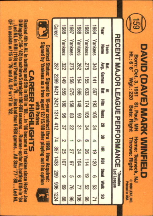 1989 Donruss #159 Dave Winfield back image