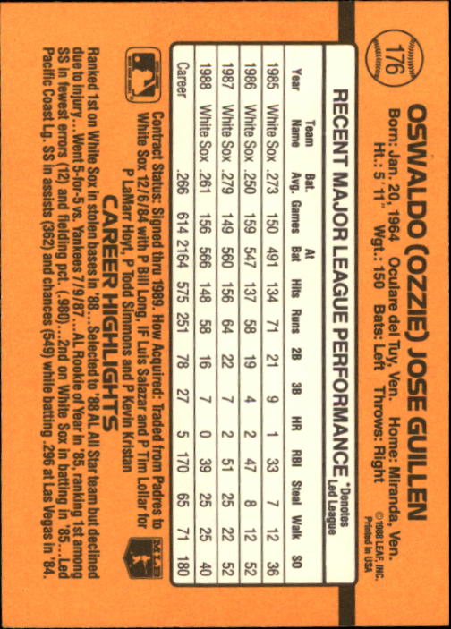 1989 Donruss #176 Ozzie Guillen back image