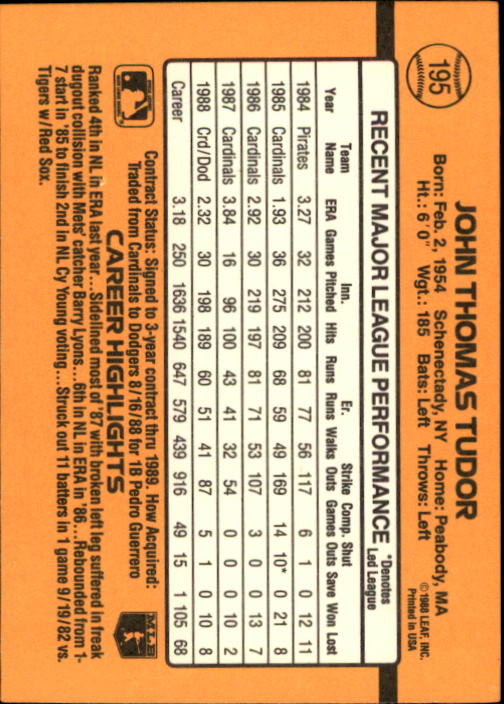 1989 Donruss #195 John Tudor back image