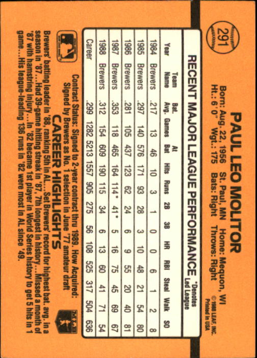 1989 Donruss #291 Paul Molitor back image