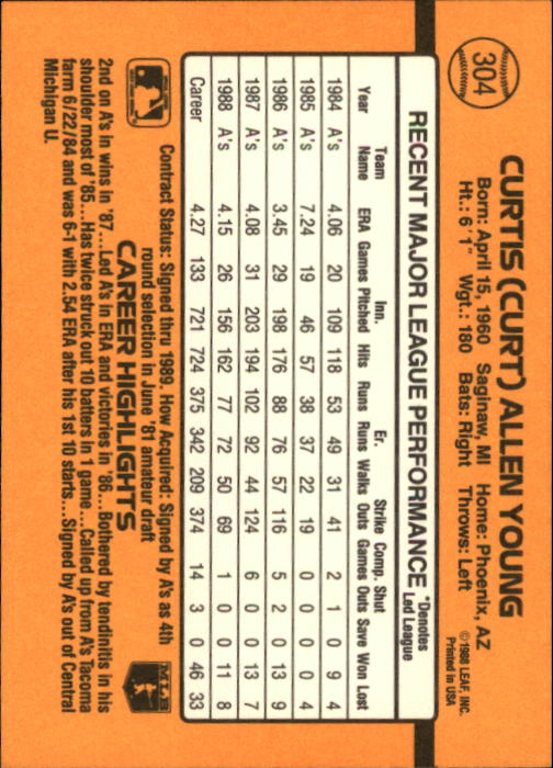 1989 Donruss #304 Curt Young UER/Wrong birthdate back image