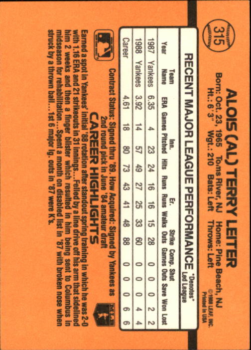 1989 Donruss #315 Al Leiter back image