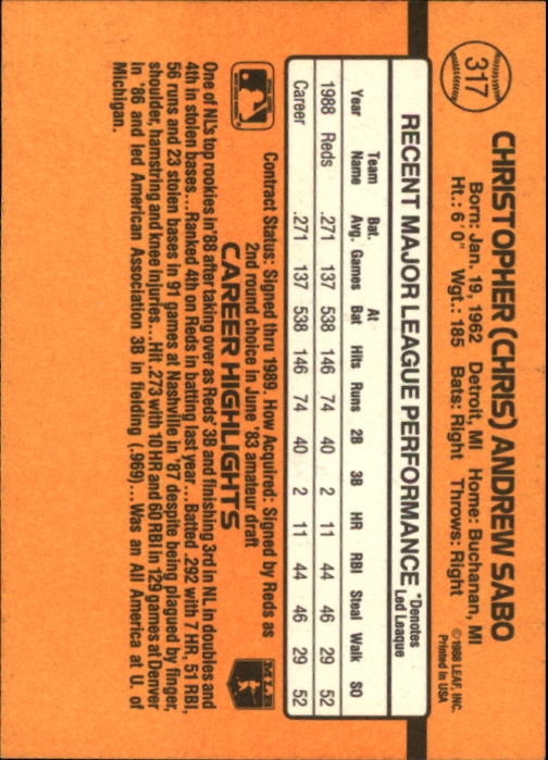 1989 Donruss #317 Chris Sabo RC back image