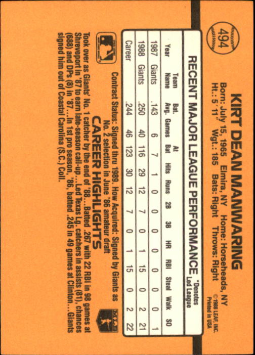 1989 Donruss #494 Kirt Manwaring back image