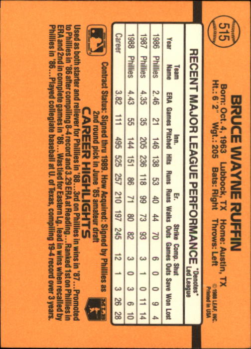 1989 Donruss #515 Bruce Ruffin back image