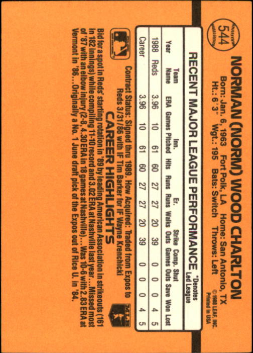 1989 Donruss #544 Norm Charlton DP RC back image