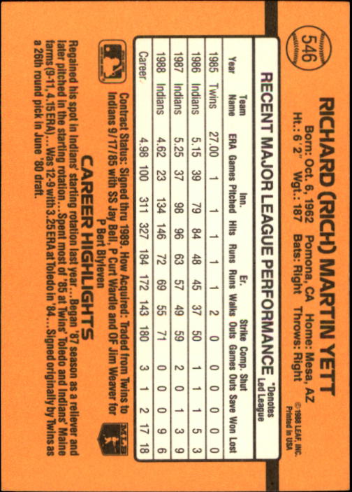 1989 Donruss #546 Rich Yett DP back image
