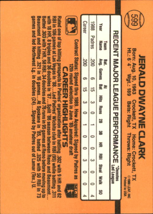 1989 Donruss #599 Jerald Clark DP RC back image